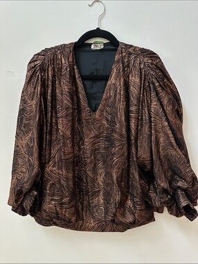 Vintage 80s Metallic Bronze V-Neck Puff Sleeve Blouse